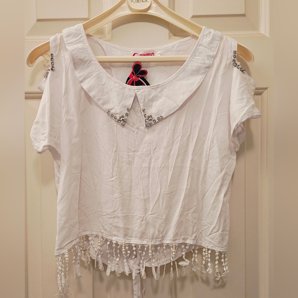 Y2K Gran Oriente White Blouse Cold Shoulder Open Back Rhinestones  Fringe Top.